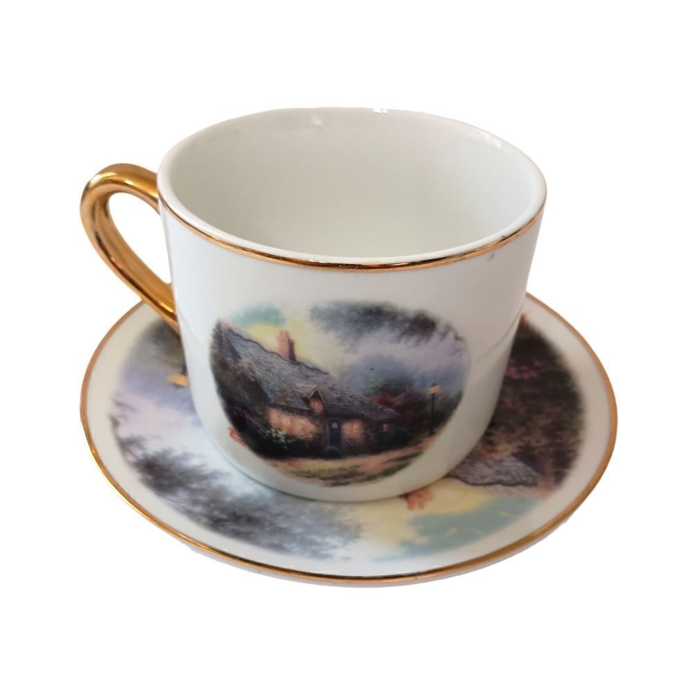 Thomas Kinkade Moonlight Cottage Tea Cup Saucer‎ Vase Teleflora Gold Trim Set